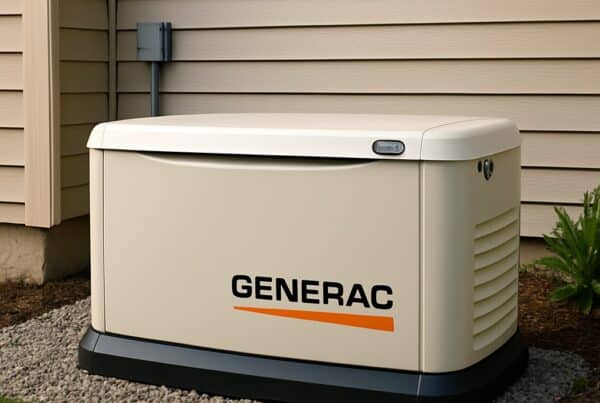 A Generac generator installed along the side of a house.